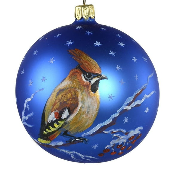 "Bohemian Waxwing" Hand Painted Glass Christmas Ball