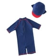 thumbnail image 2 of Styles I Love Kid Boys Chic Animals Printed One-Piece Rash Guard with Sun Hat 2pcs Swimsuit Pool Swimwear Beach Bathing Suit (Shark/Navy Blue, 7), 2 of 7
