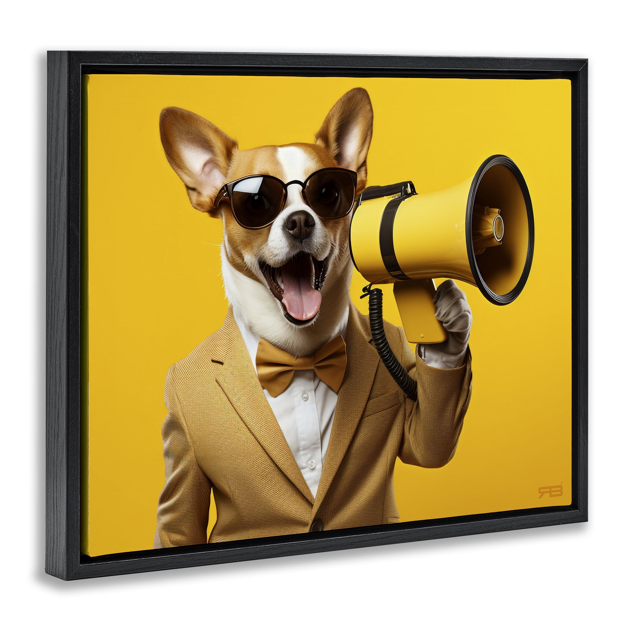 Stupell Industries Dog with Yellow Megaphone Animals & Insects Painting Black Floater Framed Canvas Art Print Wall Art, 21 x 17