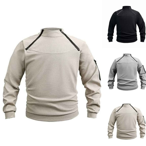 DODADAWANJ Mens Waffle Sweatshirts Double Inclined Zip Crewneck Pullover Big and Tall with Sleeve Pocket Sweatshirt for Vacation Workout Casual Khaki S