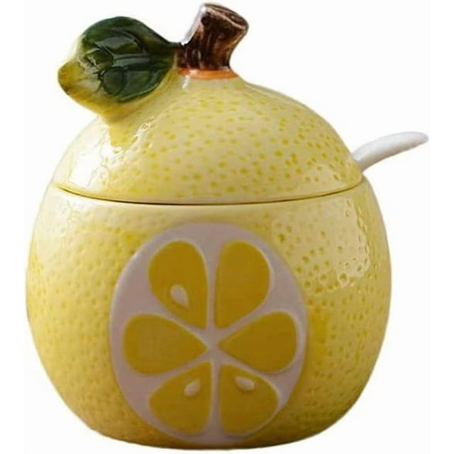YISITIAN Fruit Shaped Ceramic Sugar Bowl with Lid and Spoon, Decorative Salt and Pepper Storage Jar for Kitchen Countertop, Creative Condiment Pot Set for Dining Table, Seasoning Container(Yellow)