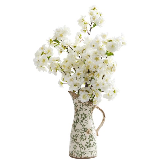 24in. Cherry Blossom Artificial Arrangement in Floral Pitcher