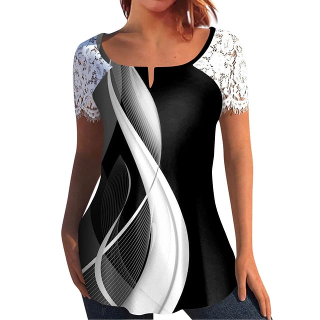 Mujeres Tops Casual verano encaje manga corta Split cuello túnica impresa camisetas camisetas Tops OAVQHLG3B Store lin121212