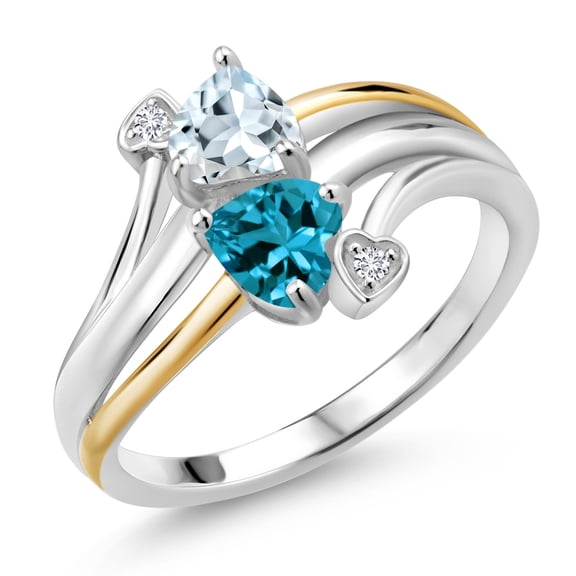 Gem Stone King 925 Silver and 10K Yellow Gold Sky Blue Aquamarine London Blue Topaz and Lab Grown Diamond 2 Heart Promise Couple Engagement Mother Ring for Women | 0.98 Cttw | Size 6)