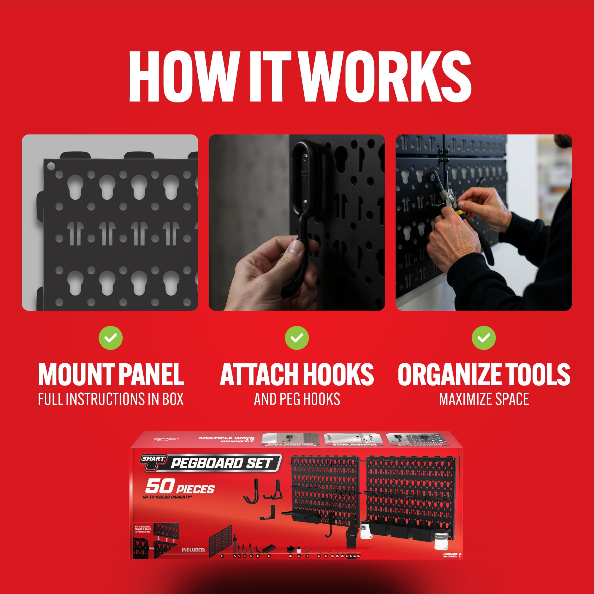 Smart T Garage Storage Pegboard Set | 50 Piece Tool Organizer - Heavy Duty Organizer Wall Mount or Shelving Hooks