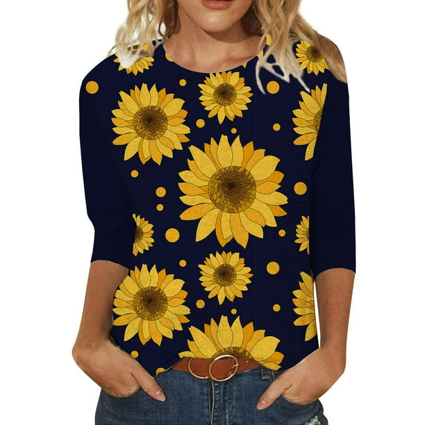 Camisas Para Mujer Moda O Cuello Casual Tres Cuartos Estampado de Girasol Tops Camiseta Blusa Odeerbi ODB126709 Walmart en linea