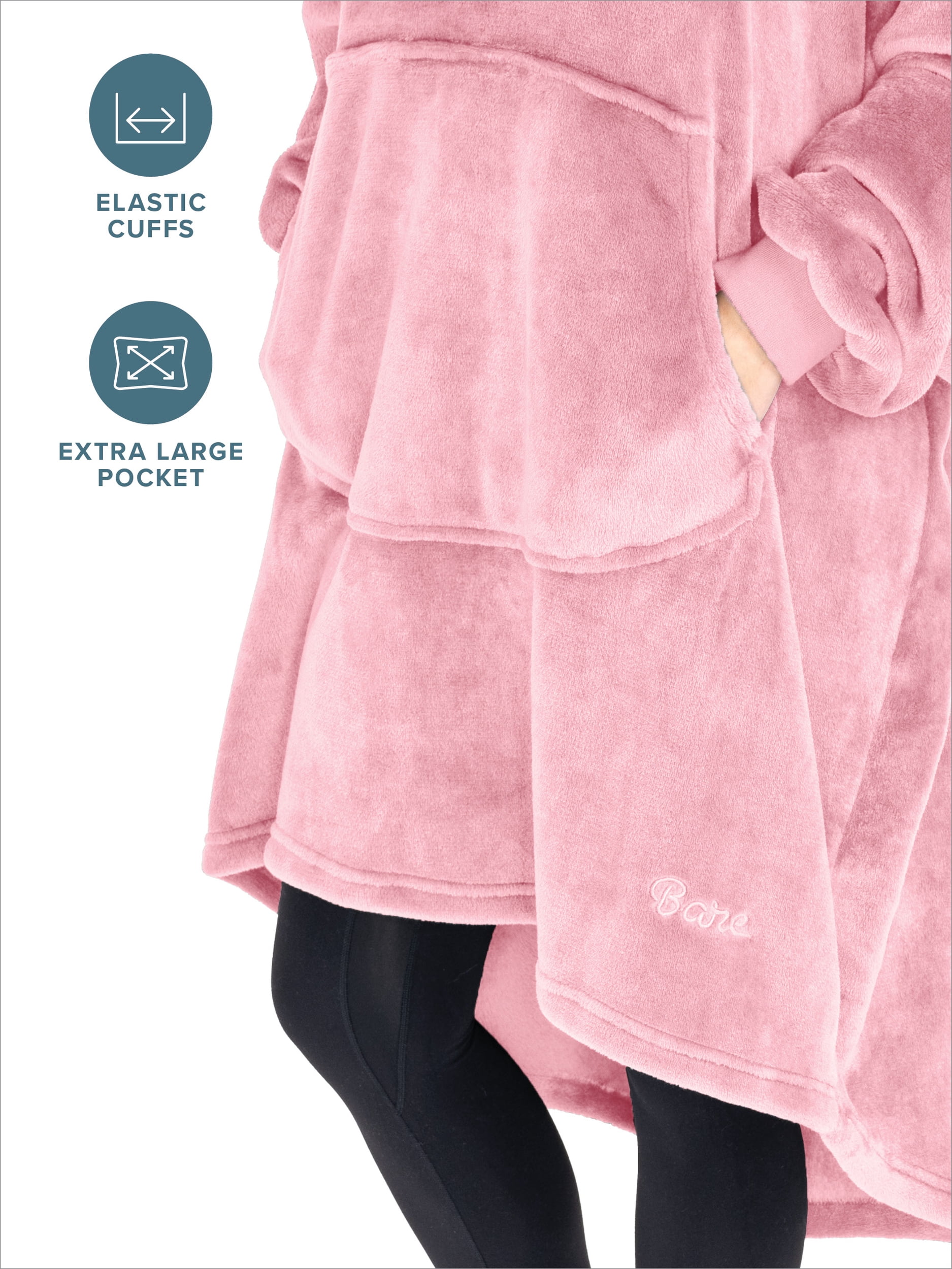 Bare Homey Adult Size Microplush Wearable Blanket, Round Trapezoid Pocket, Light Pink