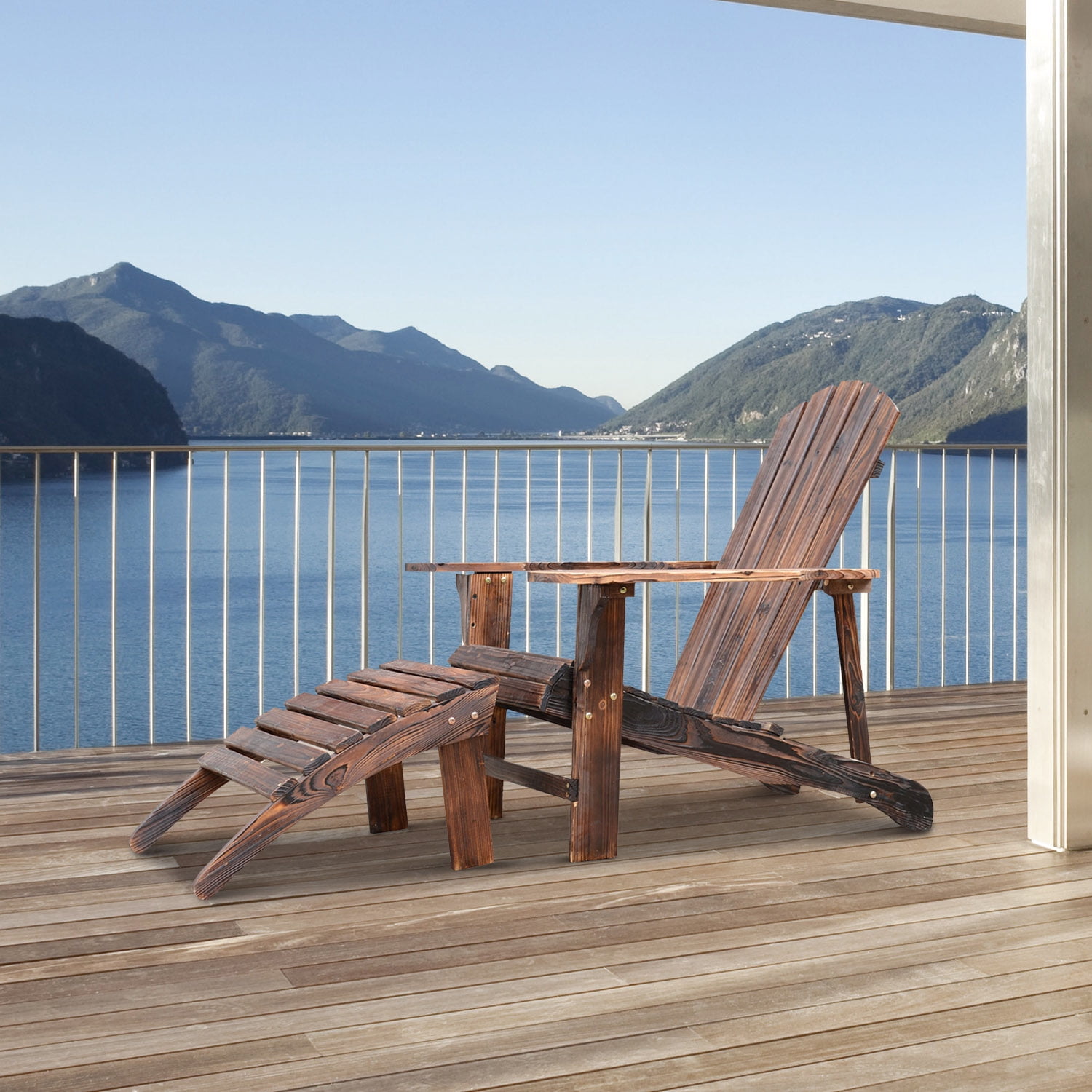 Anself Wooden Adirondack Outdoor Patio Lounge Chair with Ottoman