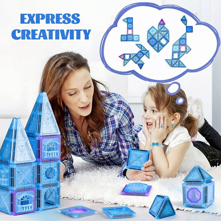 Hot Bee Frozen Magnetic Tiles 128 Pcs for Kids Princess Castle Toys 3D Building Blocks with 4 Dolls Educational STEM Learning Toys Christmas Gifts