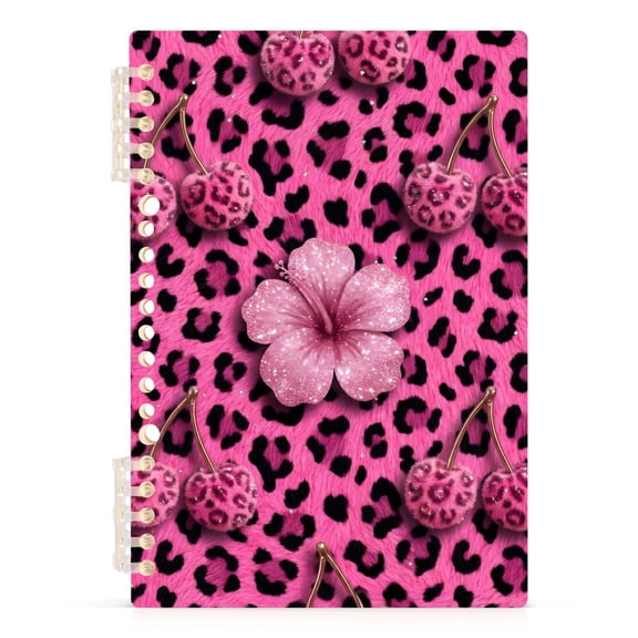 Haosy Pink Leopard Print Cherry Flower Notebooks 1-subject Journal 60 Sheets A5 College Ruled Paper Detachable Ring 8.3"x5.7"