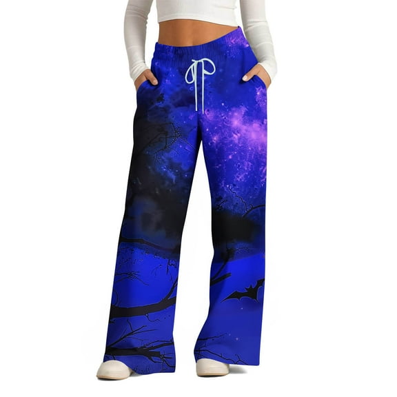 WXLWZYWL Halloween Pants for Women Plus Size Stretch Pants Casual Palazzo Sweatpants Bat Print Drawstring Wide Leg Pant Lounge Elastic Waist Sweatpant with Pockets