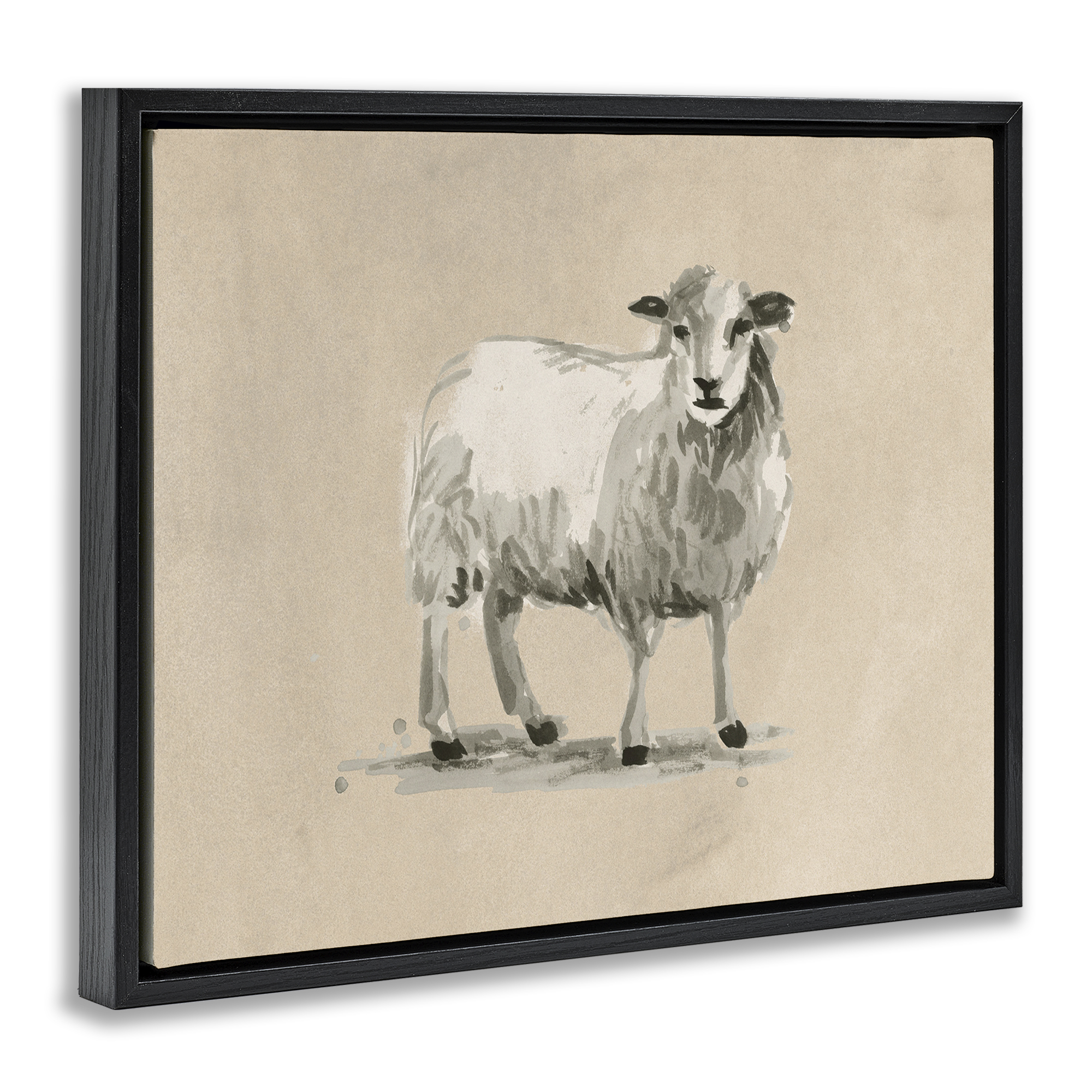Stupell Industries Gazing Sheep on Beige Animals & Insects Painting Black Floater Framed Canvas Art Print Wall Art, 31 x 25