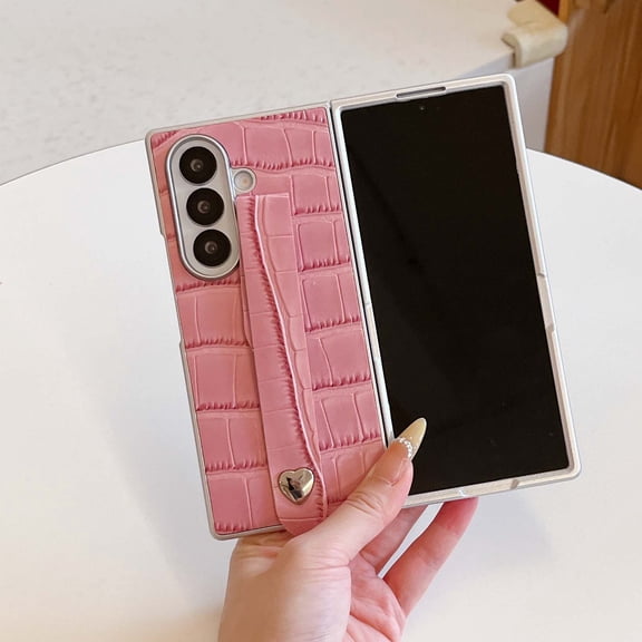 Allytechgroup Stylish Phone Case for Samsung Galaxy Z Fold 7, Crocodile Print Fashion Design Back Cover with Hand Strap Anti-Scratch Non-Slip Shell Cover for Women Girls, Pink