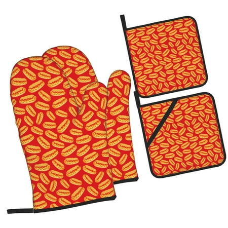 

Zufioo A Big Hot Dog Oven Mitts and Pot Holders 4pcs Set Kitchen Oven Glove High Heat Resistant 500 Degree Extra Long Oven Mitts for Kitchen Baking Cooking