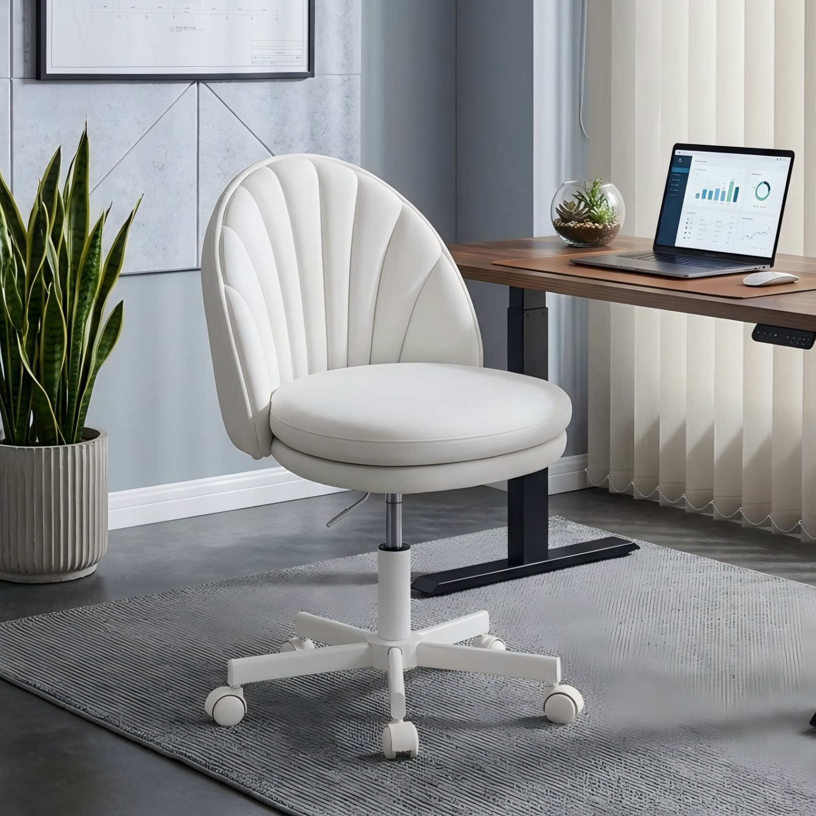LUCKLIFE Office Desk Chair with Shell Back, 17.7"-23.6" Height Adjustable PU Leather Mid-Back Task Chair, Armless Computer Chair for Home Office, White