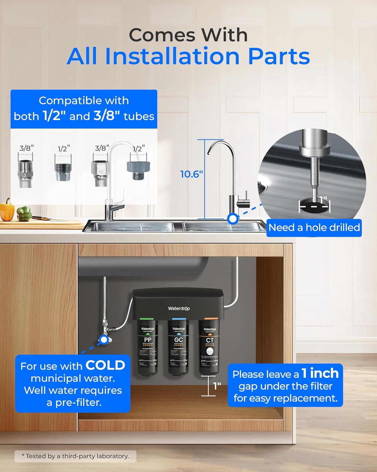 Restored Waterdrop TSB 8 Layer Under Sink Water Filter, Reduces PFAS, PFOA/PFOS, Fluoride, Chlorine, Bad Taste & Odor, with Dedicated Faucet, Under Sink Water Filtration System (Refurbished)