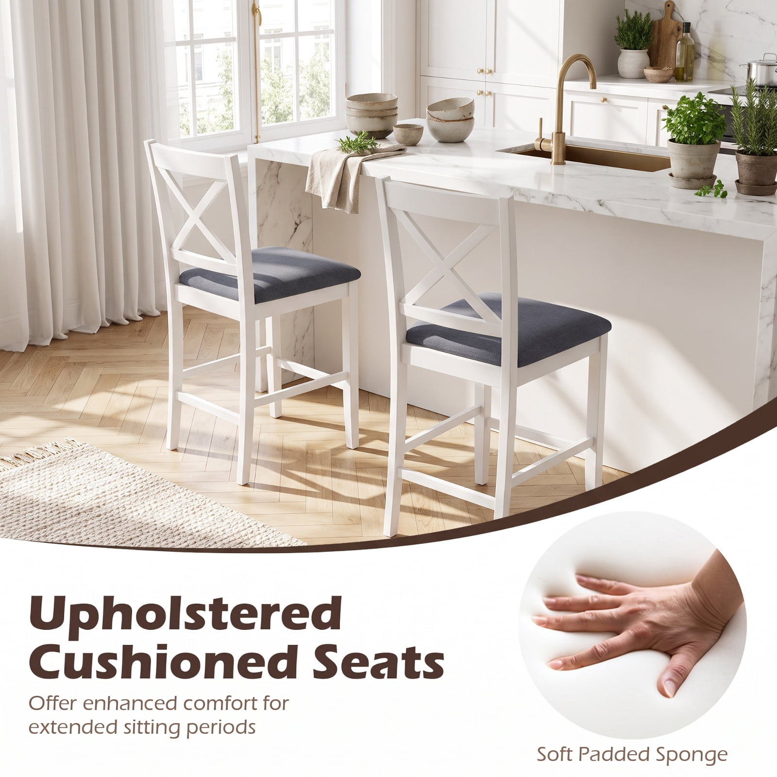 Furnibear Set of 2 X-Back Bar Stools with Upholstered Cushioned Seats for Kitchen Island Counter Bar Pub Dining Home, White