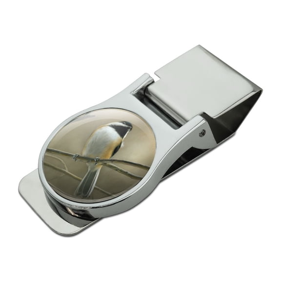 Black-Capped Chickadee Bird Songbird on Tree Branch Satin Chrome Plated Metal Money Clip