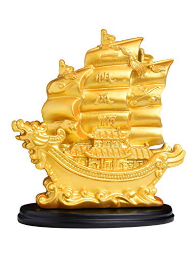 Traditional Feng Shui Decor Fortune Prosperity Gold Wealth Sailing Ship Sailboat 