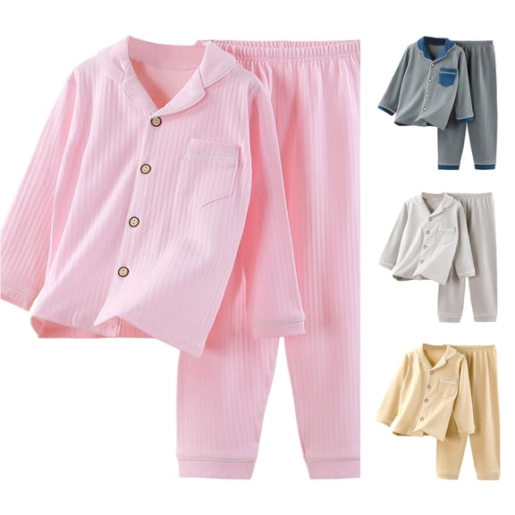 WAYUTE Girls Pajamas for Kids Soft Lined Notch Collared Long Sleeve Button Down Cozy Shirt and Pants Home Outfit with Front Pocket Nightwear Casual Indoor,Pink,Size 11 Y-12 Y