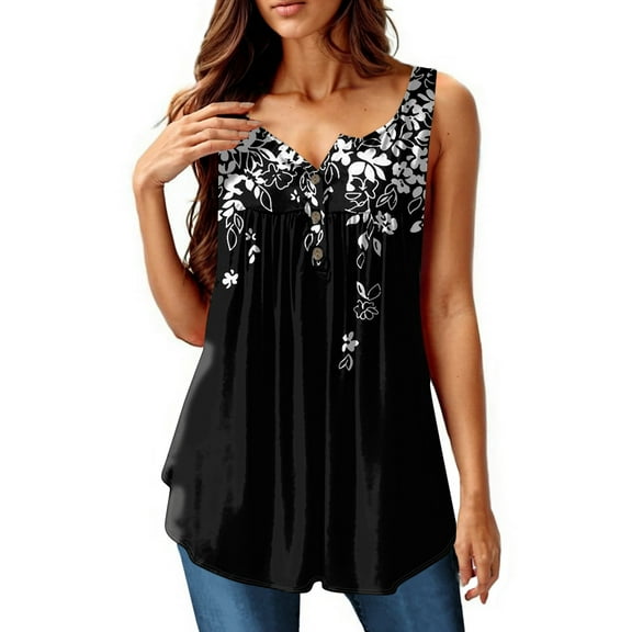 Xyxonk Tank Top for Women Plus Size V Neck Sleeveless Tops Trendy Flowy Pleated Floral Printed Trendy Summer Clothes Black L