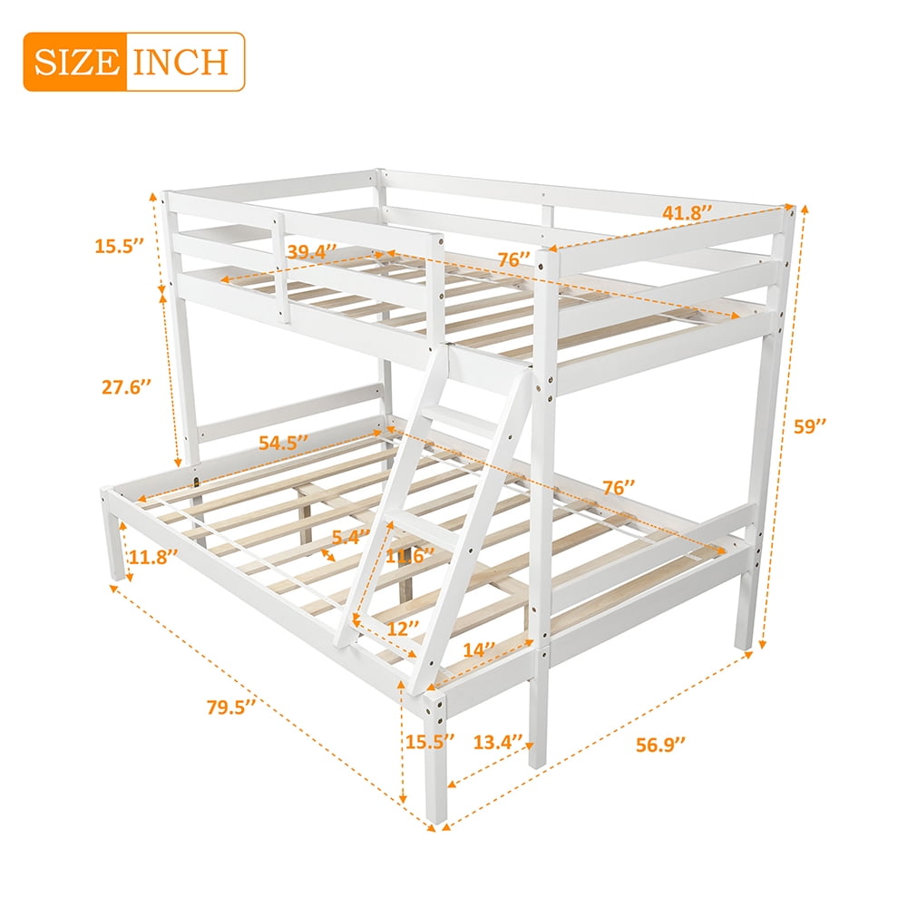 Kepooman Twin over Full Solid Wood Bunk Bed with Ladder for Bedroom Dorm, 79.5"L x 56.9"W x 59"H, White Kepooman Twin over Full Solid Wood Bunk Bed with Ladder for Bedroom Dorm, 79.5"L x 56.9"W x 59"H, White