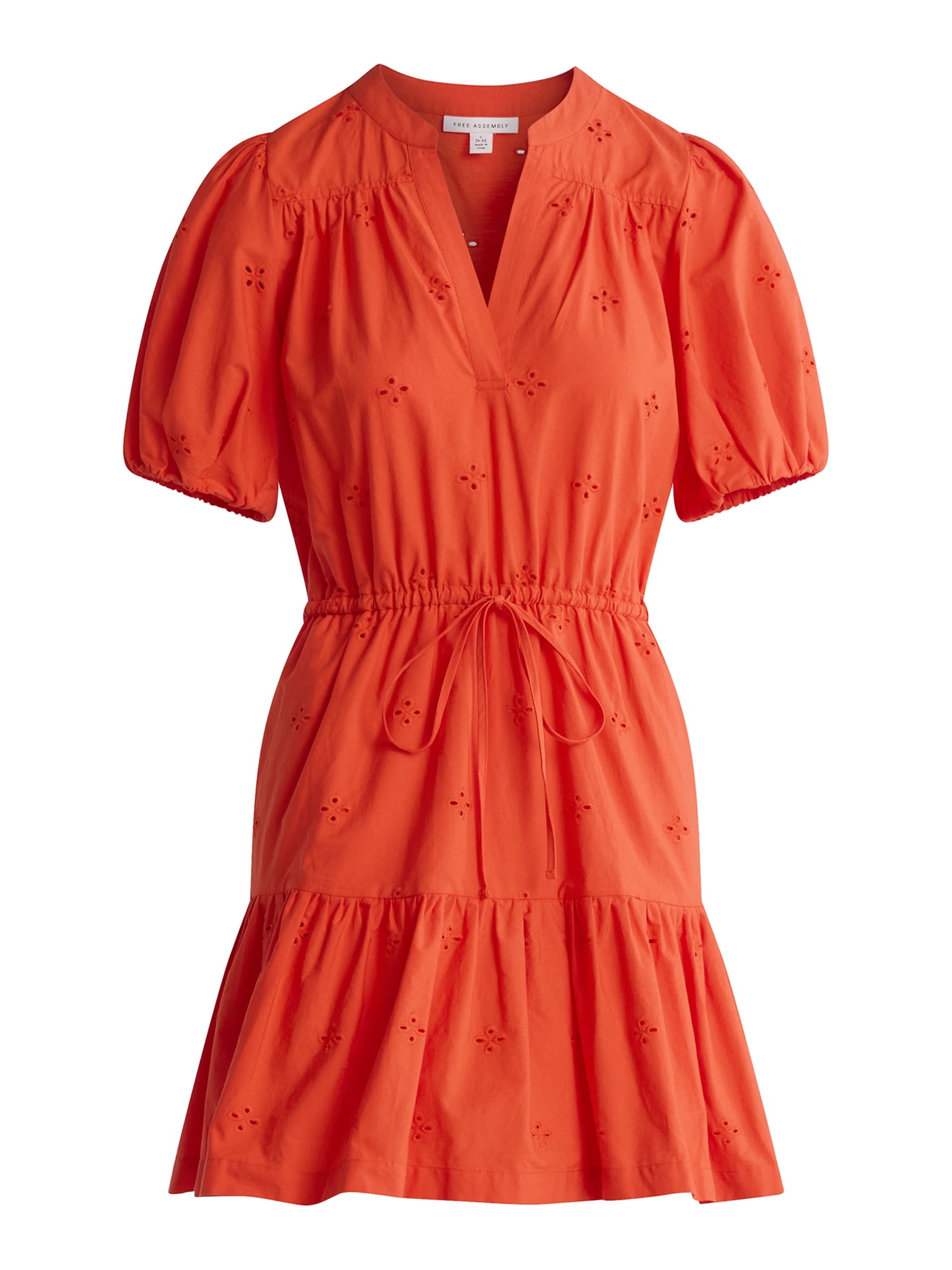Free Assembly Women's and Women's Plus Cotton Eyelet Tiered Mini Dress with Puff Sleeves, Sizes XS-4X