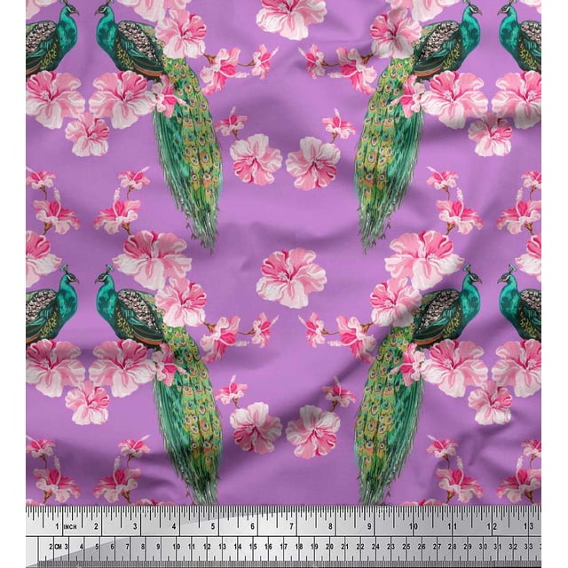 Soimoi Moss Georgette Fabric Floral & Peacock Bird Print Fabric by The Yard 42 Inch Wide