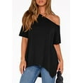 thumbnail image 3 of PRETTYGARDEN Off The Shoulder Tops for Women Summer Short Sleeve Asymmetrical Oversized Tee Shirts Casual Spring Clothes, 3 of 10