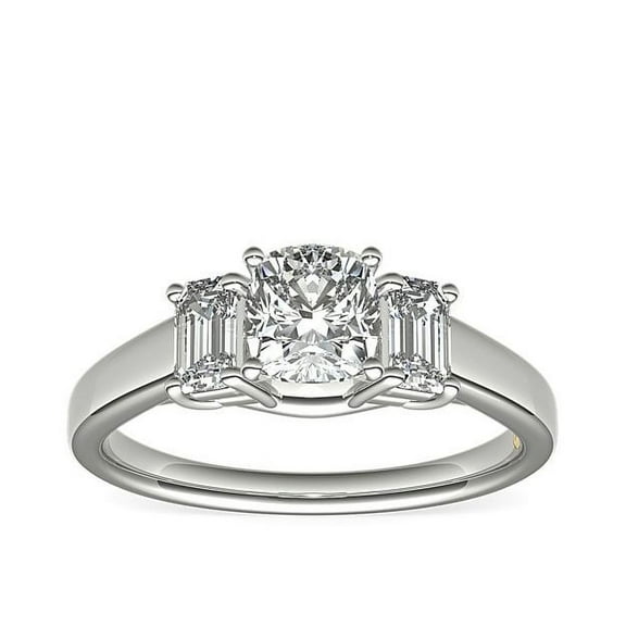 1.00 T.C.W Excellent Cushion Cut Real Diamond Wonderful Three Stone Engagement Ring for her Solid 14K White Gold Size 7