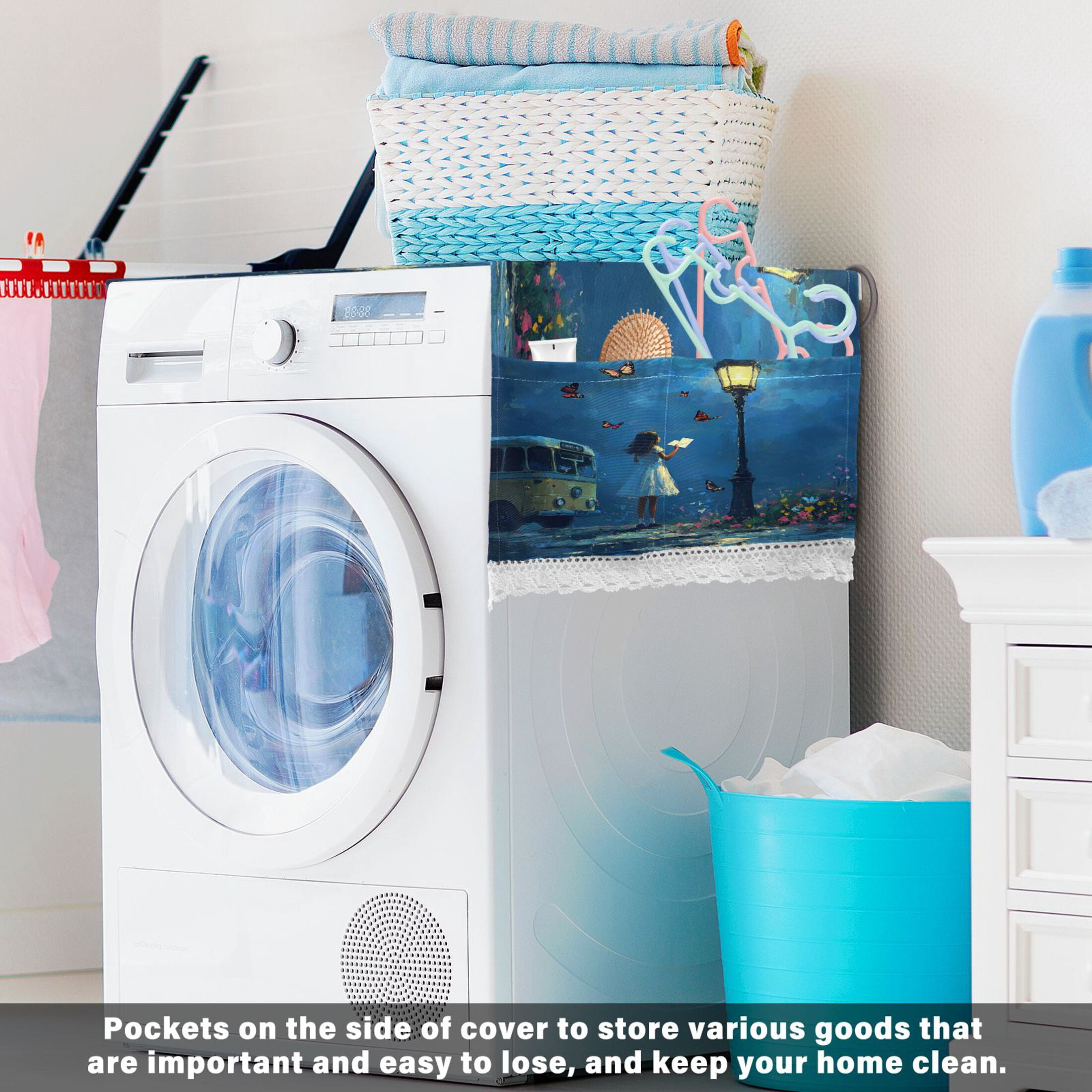 Washing Machine Cover 51.2x22in, Durable Polyester Dust Cover with Lace Trim and Side Pocket for Appliances Reading under The Streetlight
