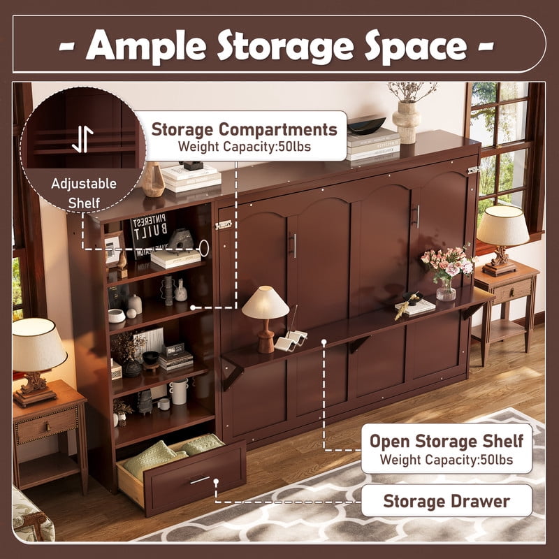 Queen Size Wall Murphy Bed with Adjustable Shelf, All-in-One Storage Bed Frame with Drawer, Folding Platform Bed for Guest Room