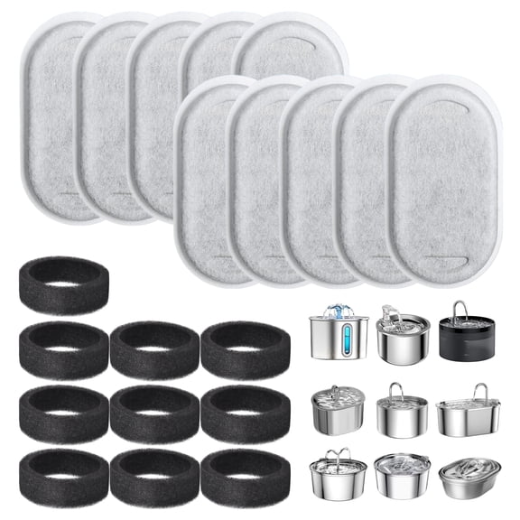Cat Water Fountain Filters 20 Pack, Replacement Cat Fountain Filter for 2L/3.2L Pet Fountains, 10 Filters & 10 Sponges