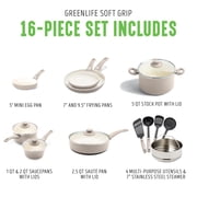 GreenLife 16 Piece Nonstick Cookware Set, Soft Grip Non-Toxic, Dishwasher Safe, Taupe