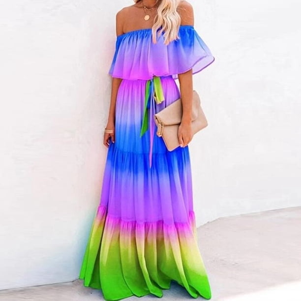 Fashion Casual Women's Sexy Wrap Breast Gradient Long Dresses Summer Elegant One-Line Neck Floral Print Lace-Up Zipper Dress 5XLM Gao Jinjia LED