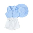 thumbnail image 2 of Aojekbee Kids Girl Summer Outfits Stripe Turn-Down Collar Shirts Sleeveless Tank Tops Bowknot Shorts Sun Hat 3Pcs Clothes Set, 2 of 10