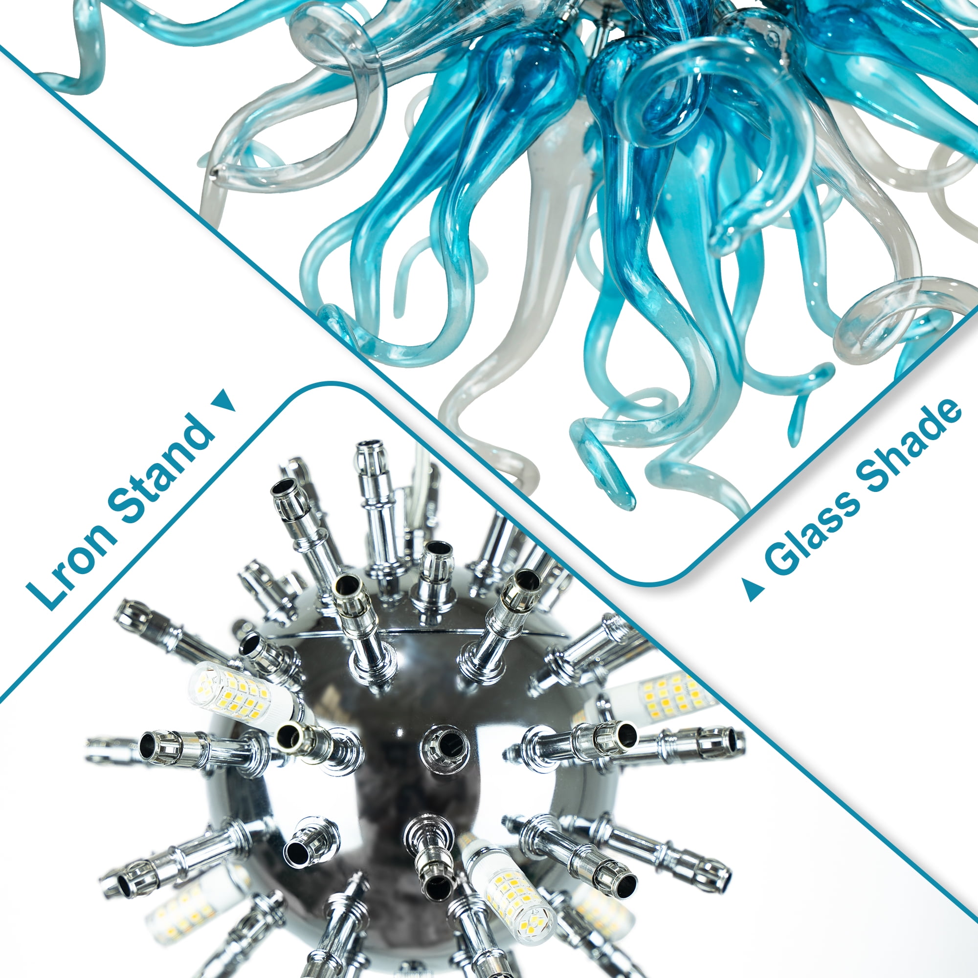Longree Modern Adjustable Height 6-Light LED Chandelier, Blue Blown Glass Pendant Lights-28"Dia