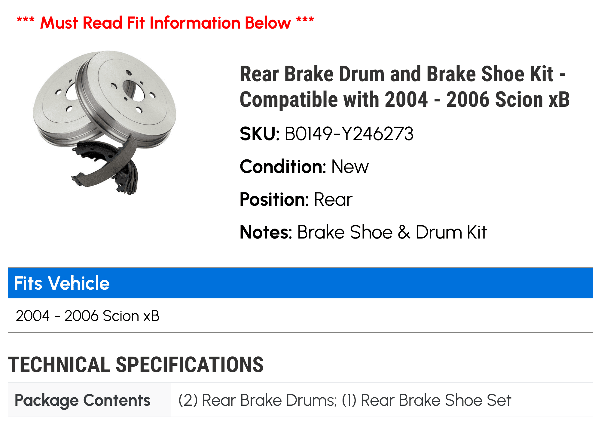 Rear Brake Drum & Shoe Kit For 2004-2006 Scion XB – DIY Solutions D116QF