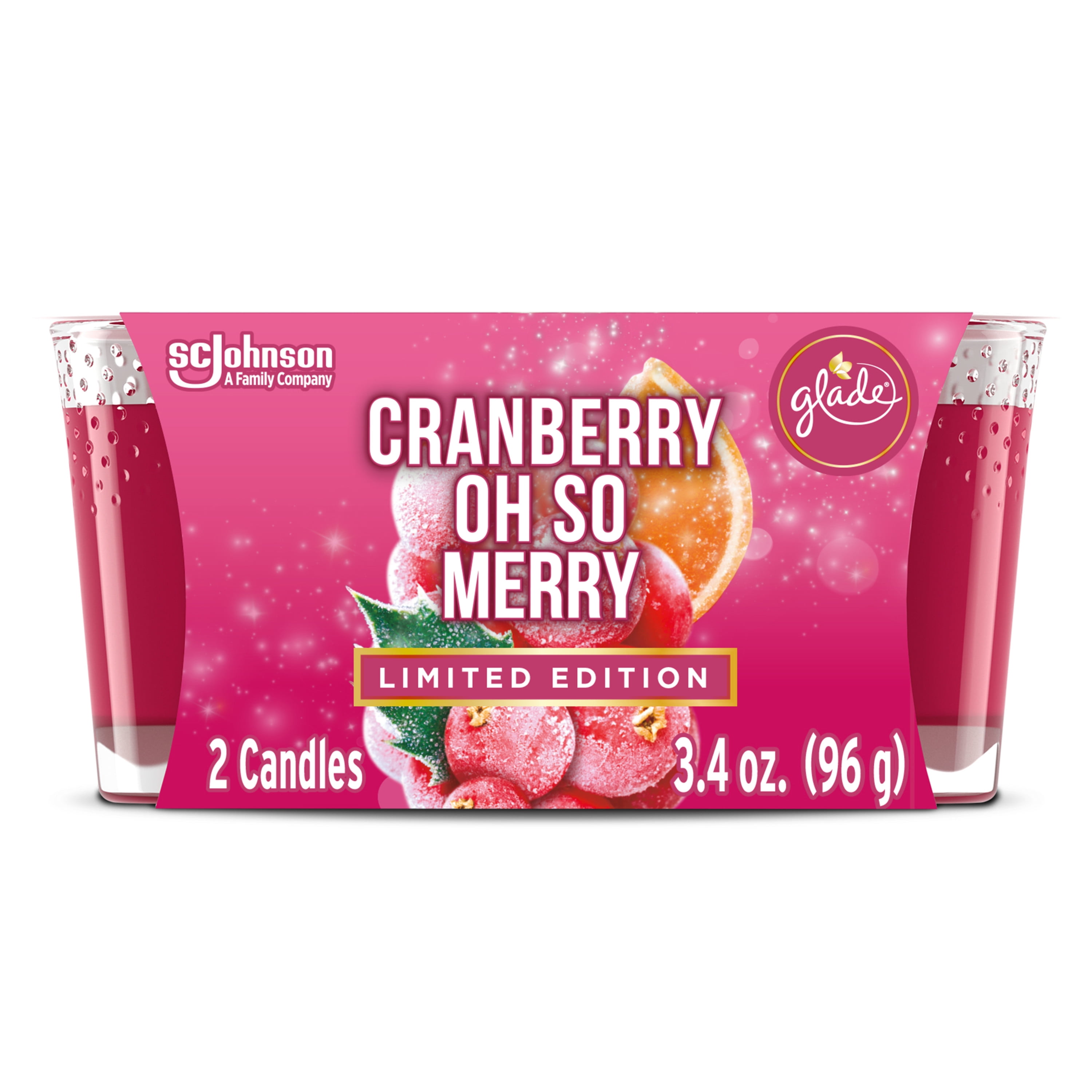 Glade Candle, Small Scented Candle Twin Pack, Cranberry Oh So Merry, 2 x 3.4 oz