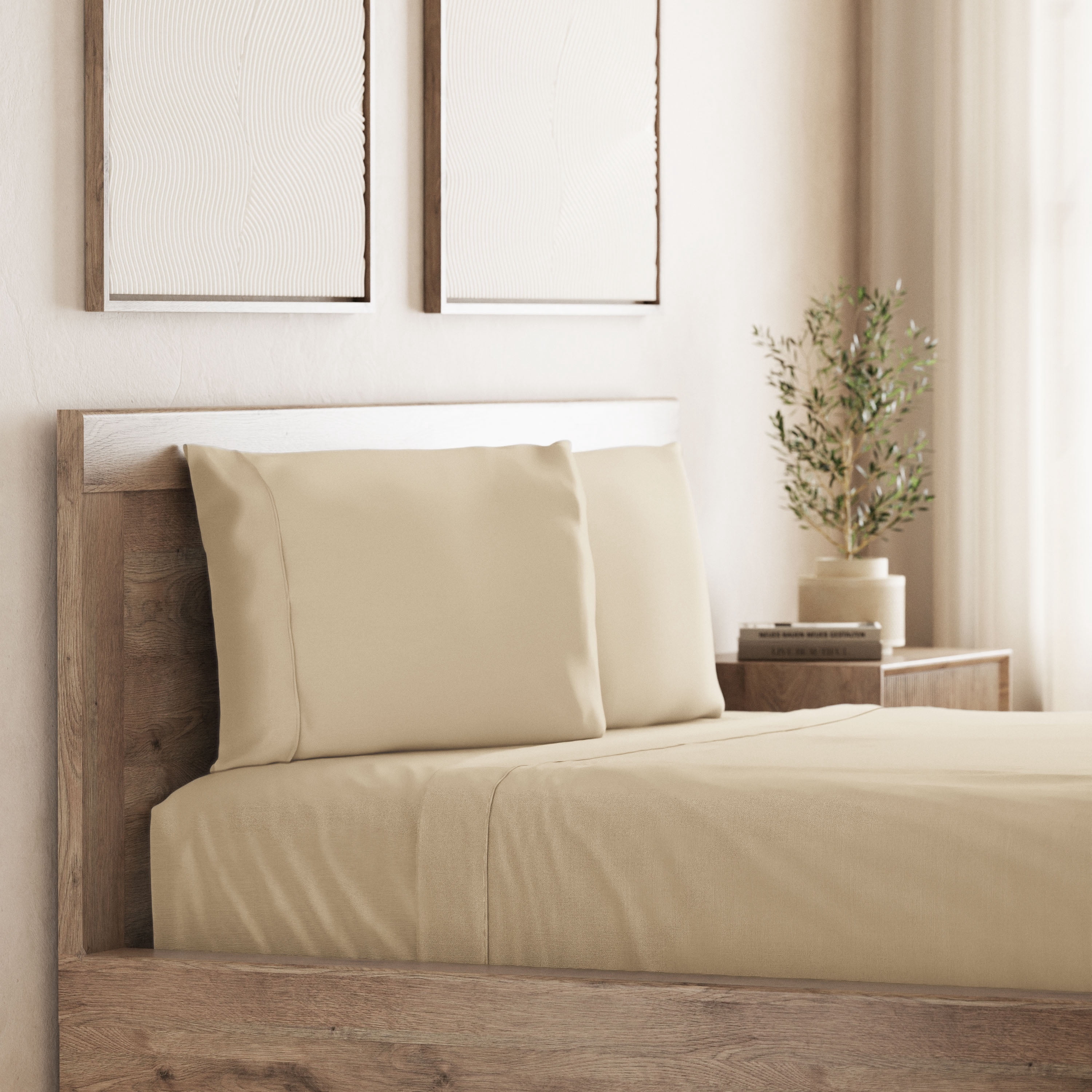 Seed & Stone Recycled Cotton Percale Bed Sheet Set, Soft, with Deep Pockets, Full, Beige, 4-Piece