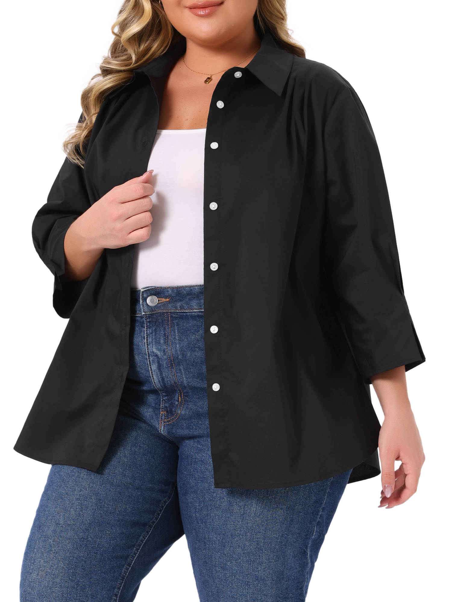 DARING DIVA Women's Plus Button Down Collar Pleated 3/4 Sleeve Casual Blouses 2X Black