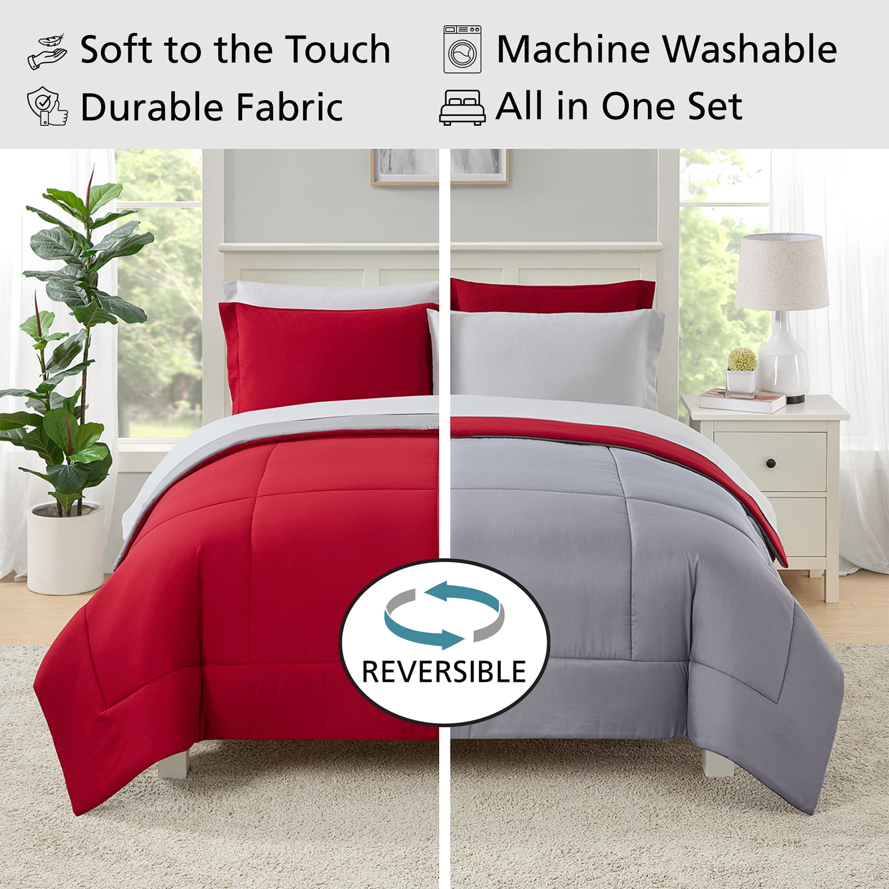 Mainstays 7-Piece Reversible Comforter and Sheet Set, Full, Red