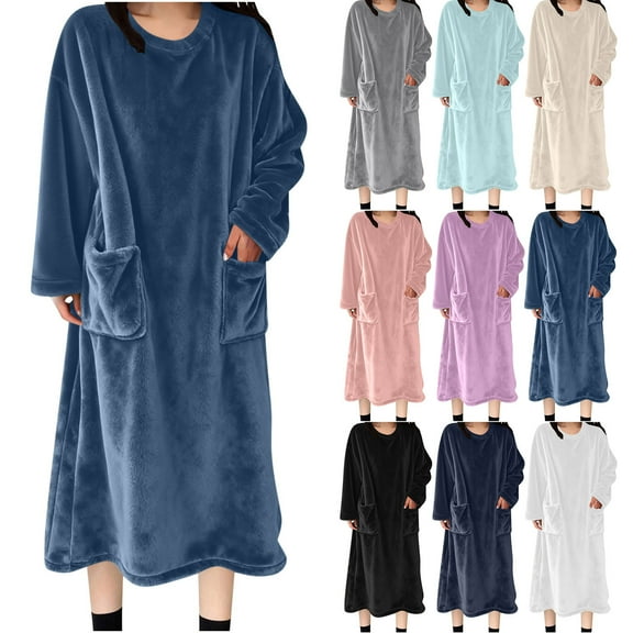 Aboser Flannel Nightgowns for Women Long Sleeve Fleece Sleepdress Loose Fit Soft Loungewear Comfy Crewneck Nightshirts Thick Plush Sleep Gowns with Pockets