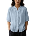 thumbnail image 2 of Uootdi Linen Tops for Women Mandarin Collar Half Sleeve Floral Embroidered Stripe Womens Tops Relaxed Fit Lightweight Womens Shirts for Women, 2 of 6