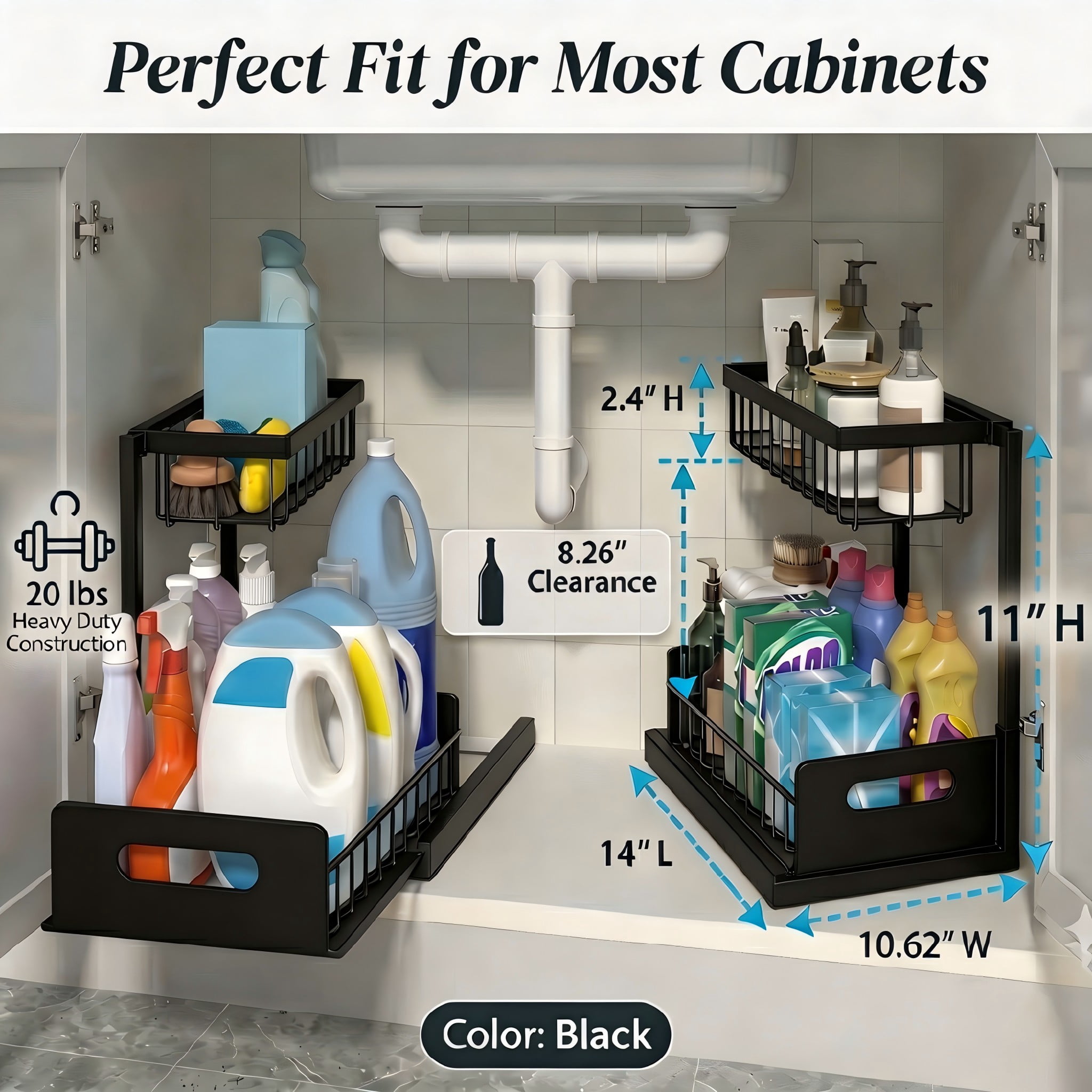 L-Shaped Under Sink Organizer, 2 Tier Pull Out Cabinet Organizer, Heavy Duty Metal Storage with Slide Out Drawer, Holds 50 Lbs, Rust-Proof Bathroom & Kitchen Sink Rack, Black 2PC