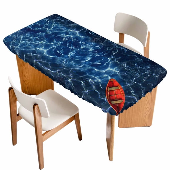 Navy Blue Ocean Waves Table Cloths for 5 Foot Rectangle Tables, Red Boat Coastal Patio Waterproof Elastic Fitted Tablecloths, Washable Rectangular Table Cover for Camping