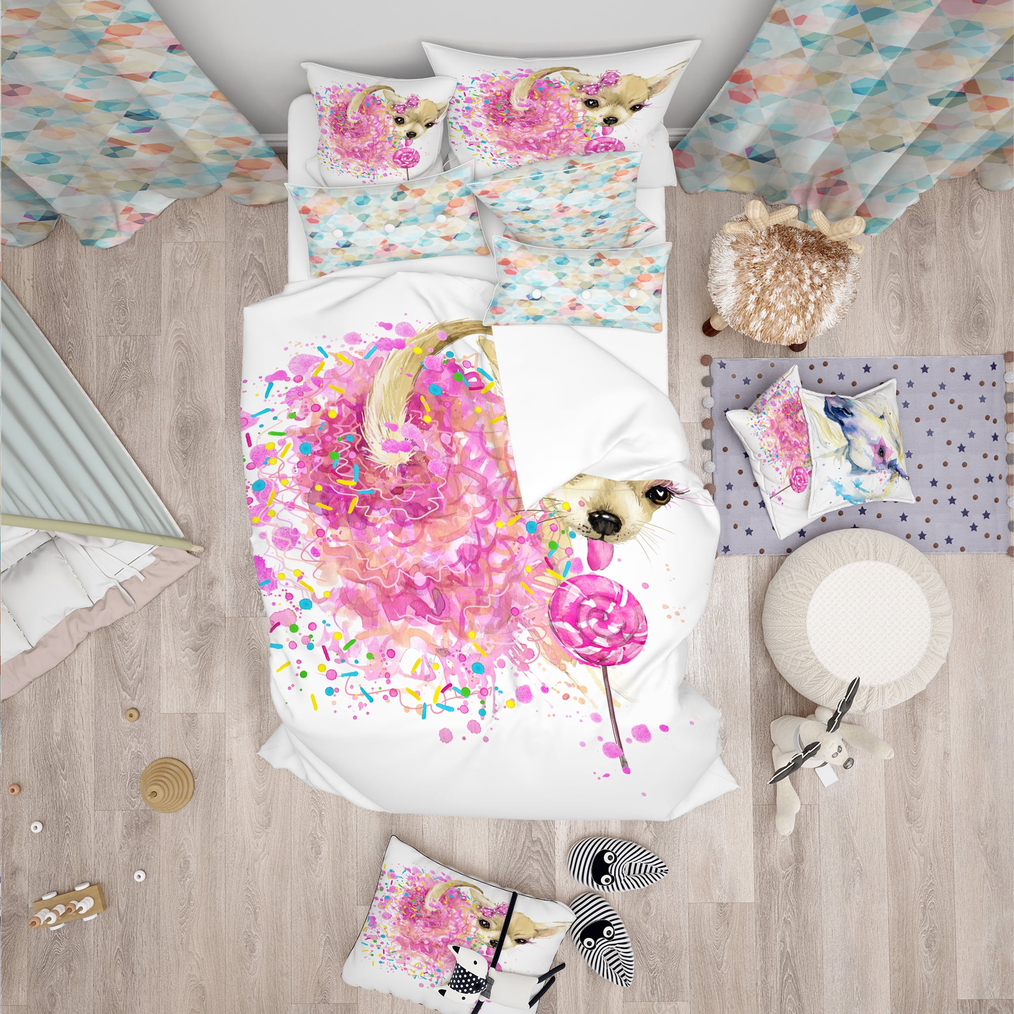 Designart 'Sweet Pink Dog Without Glasses' Modern & Contemporary Duvet Cover Set