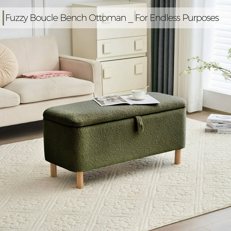 Comfort Stretch 39.3 Green Boucle Storage Ottoman Bench Versatile Rectangular Foot Rest with Hidden Compartment