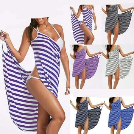 Royal Blue And Black Stripe Dress Lady Striped Sling Backless Beach Dress Holiday Swimwear Clothes Ladies Striped Simple Casual Dresses Female Clothing ()