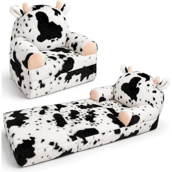Comfy Toddler Couch Chair, 2-in-1 Foldable Kids Sofa | Fold Out Toddler Couch with Faux Rabbit Fur, Soft Kids Sofa for Reading, Bedroom or Playroom Use, Ages 1-3(Cow)